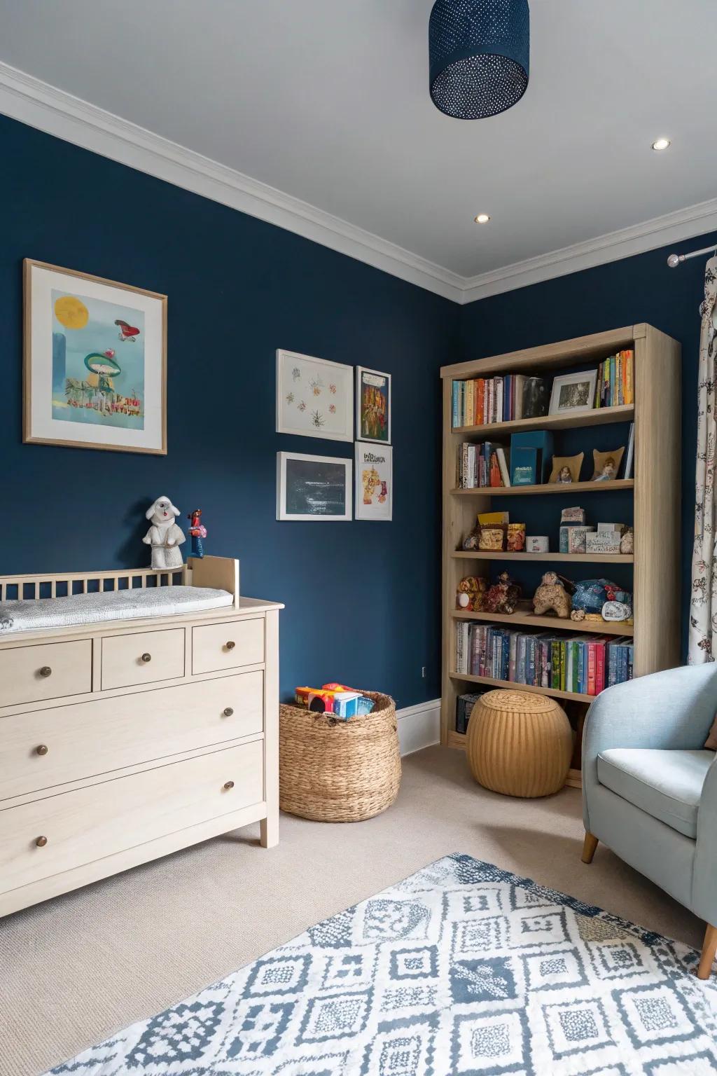 Dark blue walls paired with bright furniture fashion a timeless juxtaposition.