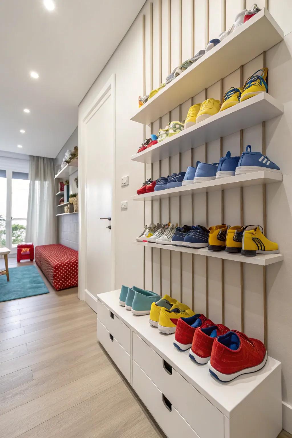 Showcase shoes in a creative fashion using wall-mounted shelves.