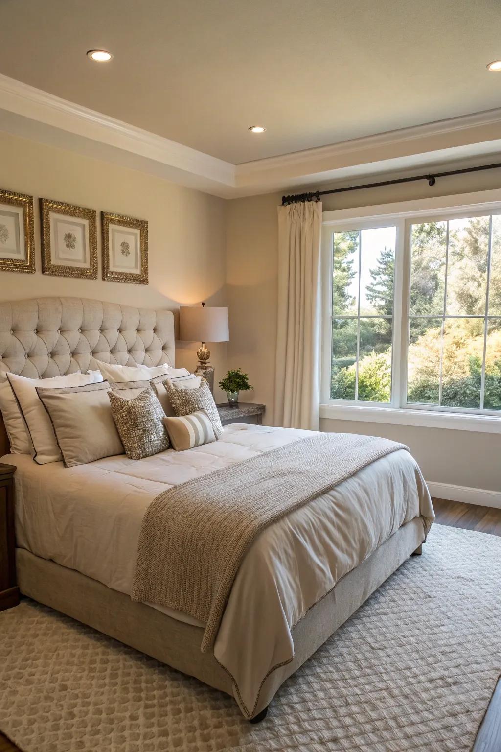 Neutral colors bring a feeling of calm and sophistication to this king-sized bed.