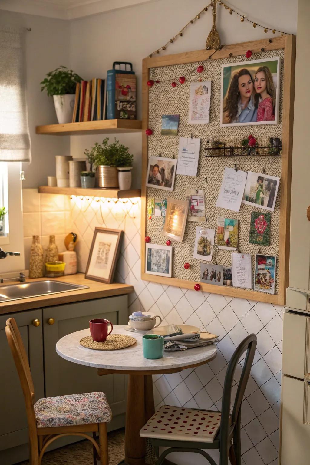 Imbue warmth into your kitchen using a family portrait notice board.