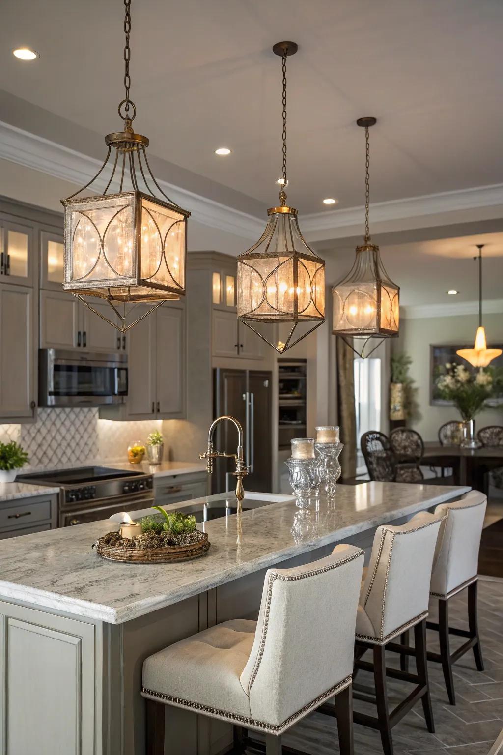 Lovely pendant lights adding beauty to a kitchen.