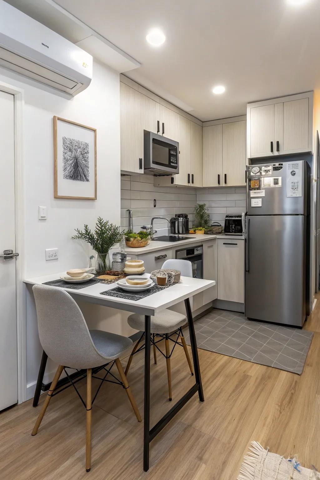 Maximize compact areas using a small island dining table combination.