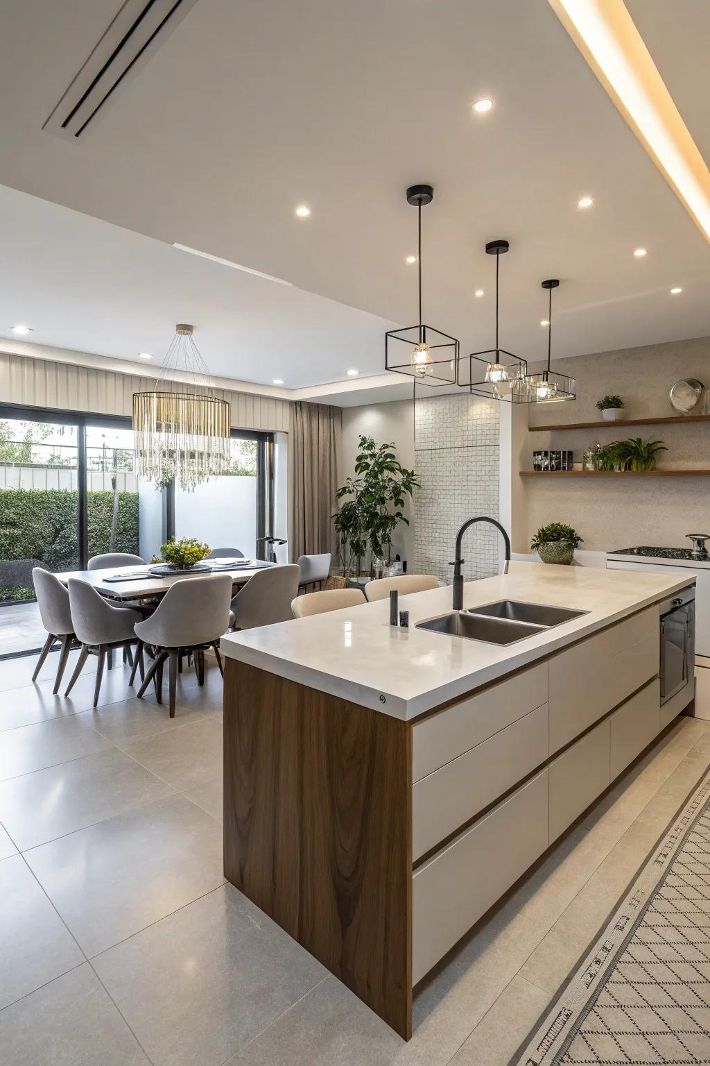 A split-level kitchen island designed to blend cooking and dining effortlessly.