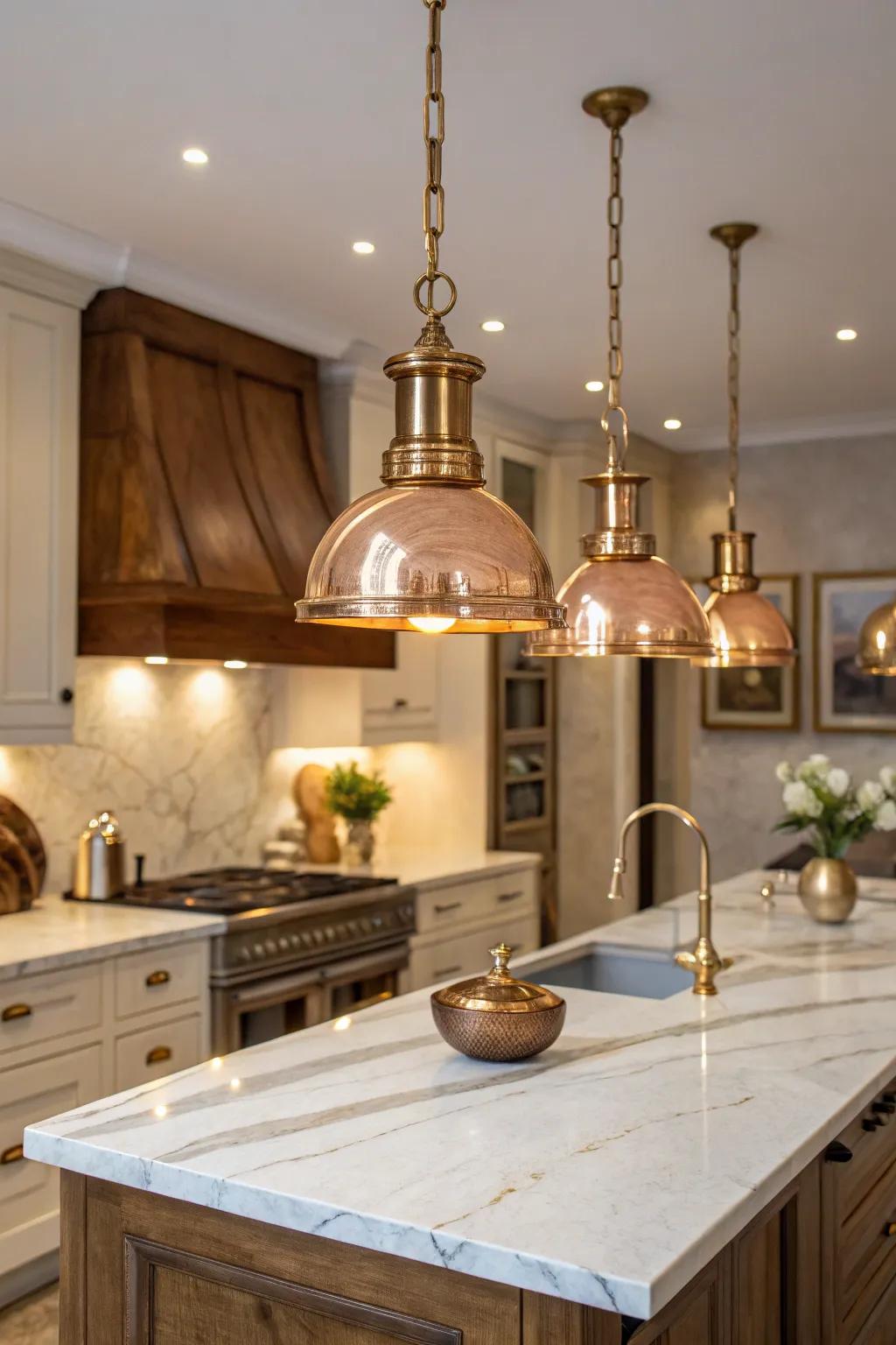 Brass and copper fixtures provide a touch of opulence to this stylish kitchen.