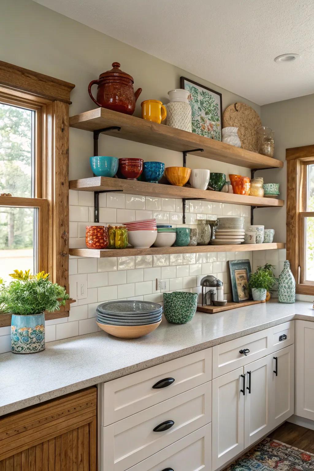 Sophisticated kitchenware is displayed on open shelves in the soffit area.