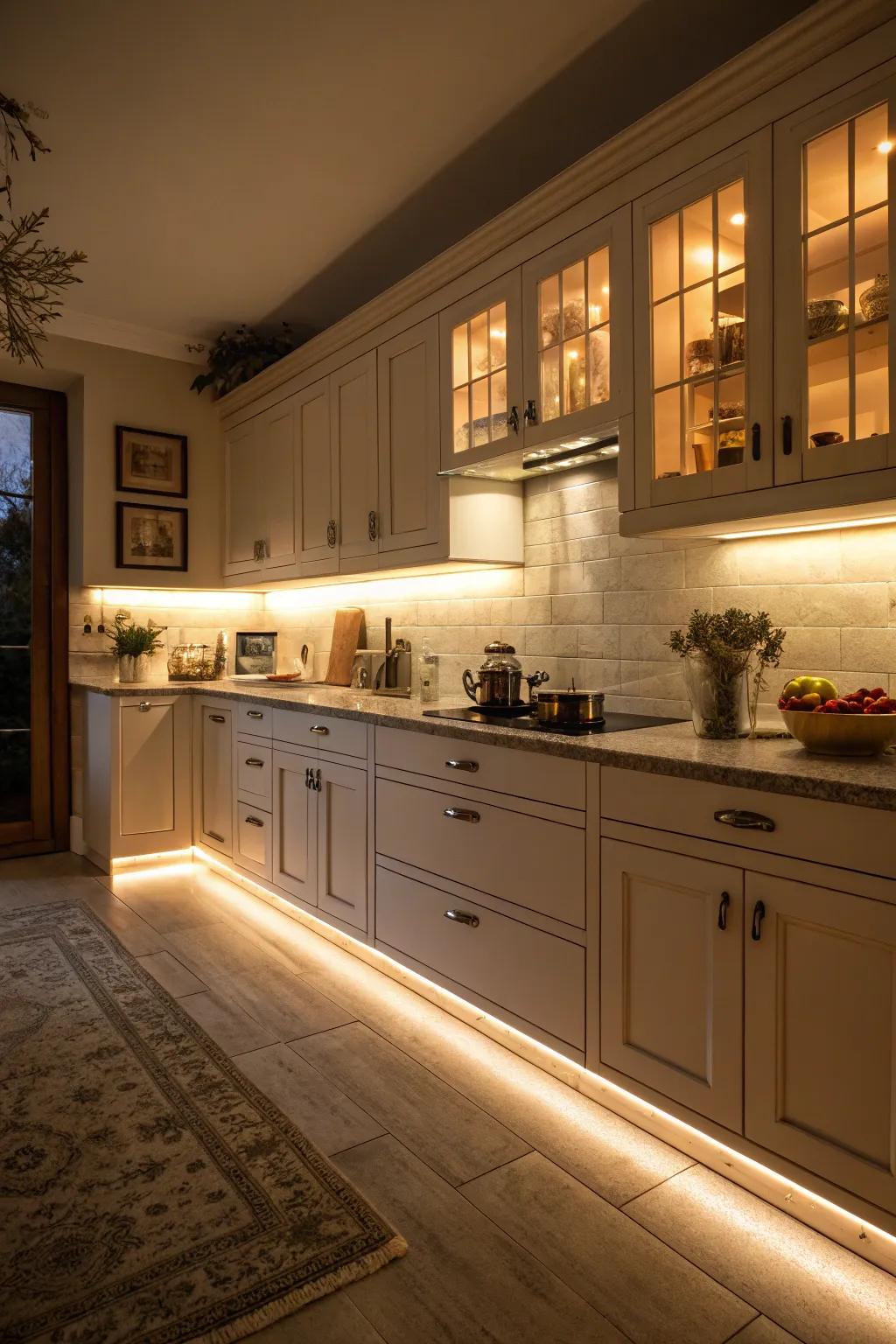 Guide your steps with the gentle embrace of toe-kick lighting, adding a layer of warmth to your kitchen.