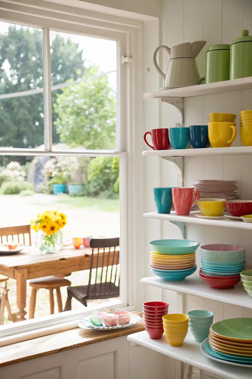 Colorful tableware presented on kitchen window boards, injecting personality into the area.