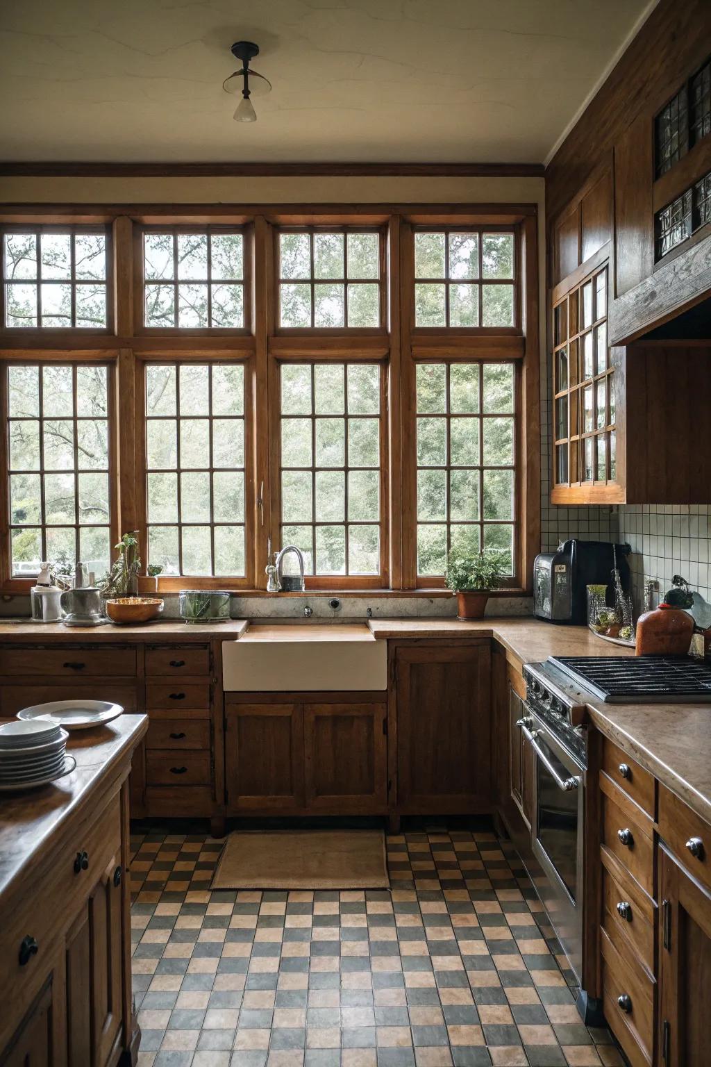 A traditional kitchen exhibiting refined gridded windows.
