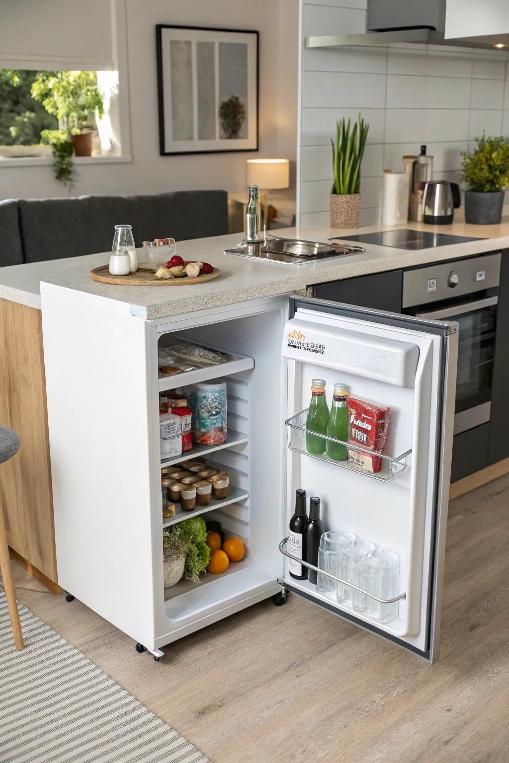 A small-scale refrigerator is smartly positioned beneath the kitchen surface, ideal for areas with limited square footage.