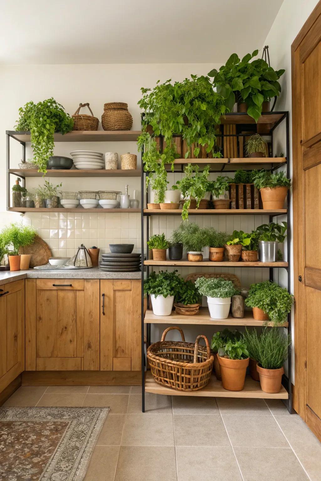 Harmonize verdure with kitchenware through elegant shelving solutions.