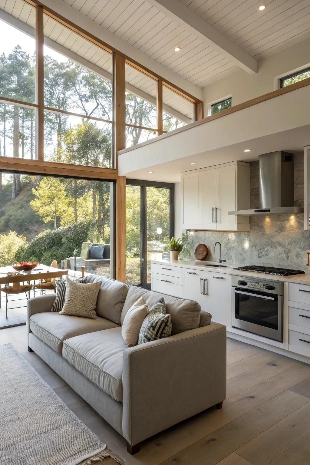 A luminous cooking area with a seating space, generously illuminated by natural light from broad windows.