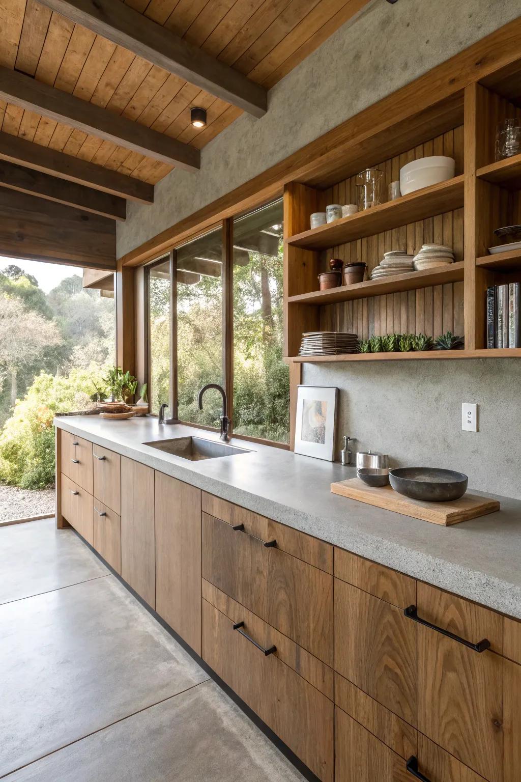 A kitchen balanced with concrete worktops and warm wooden features.