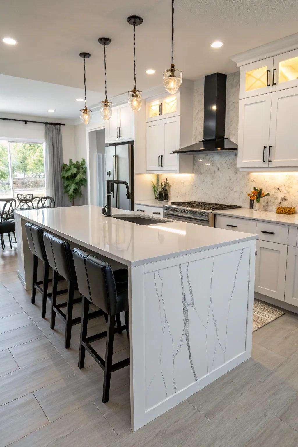 Refined waterfall edge gracing a quartz worktop.