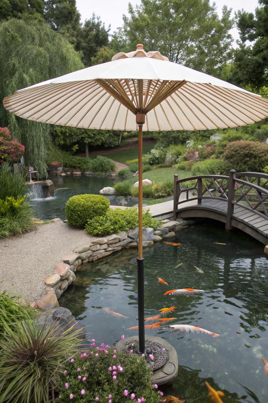 A koi pond sheltered by a generous garden umbrella.