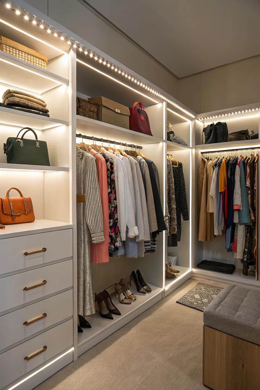 Amplify visibility with integrated lighting within your walk-in closet.