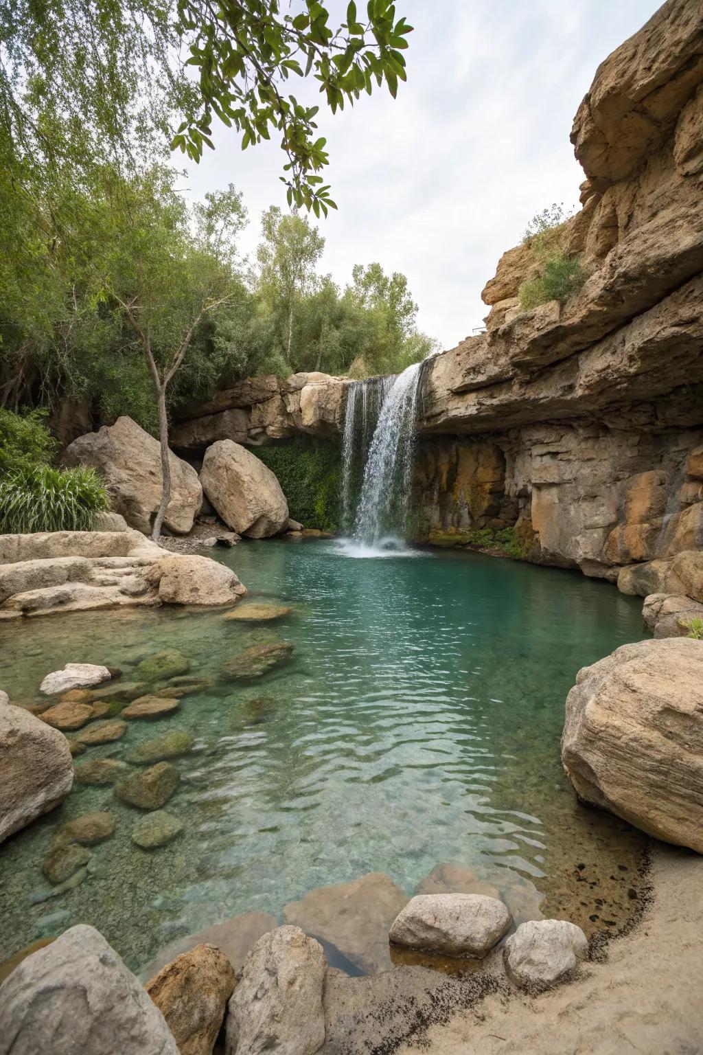 Stone elements introduce spectacle and natural allure to lagoon pools.