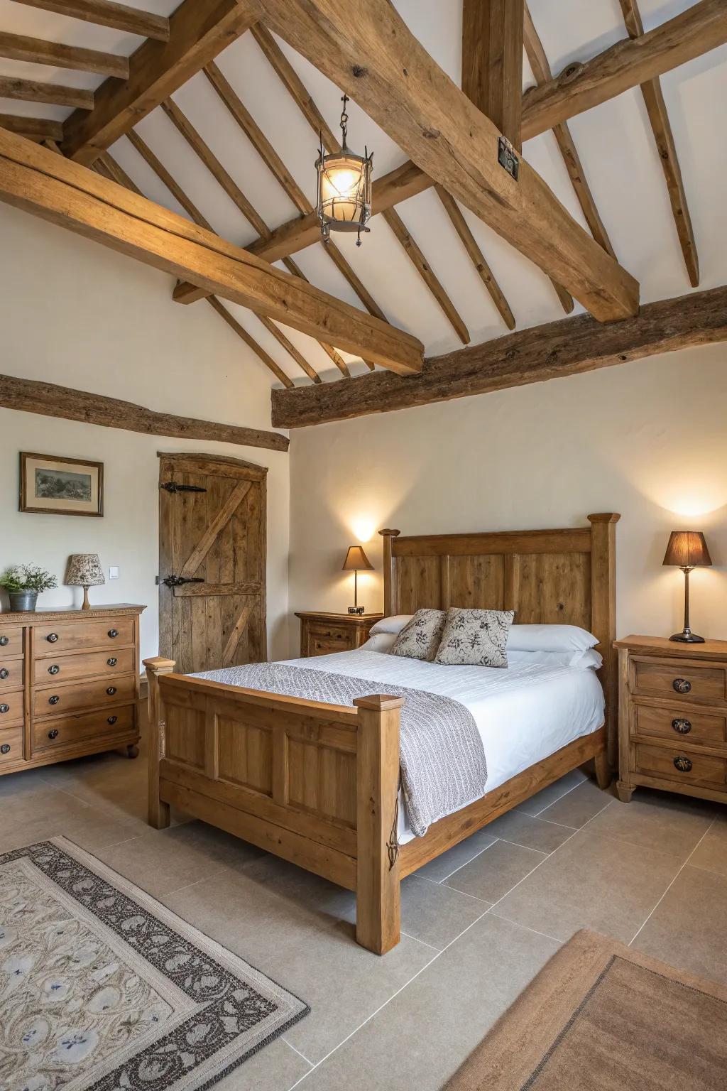 Wood elements add warmth and countryside charm to the bedroom.