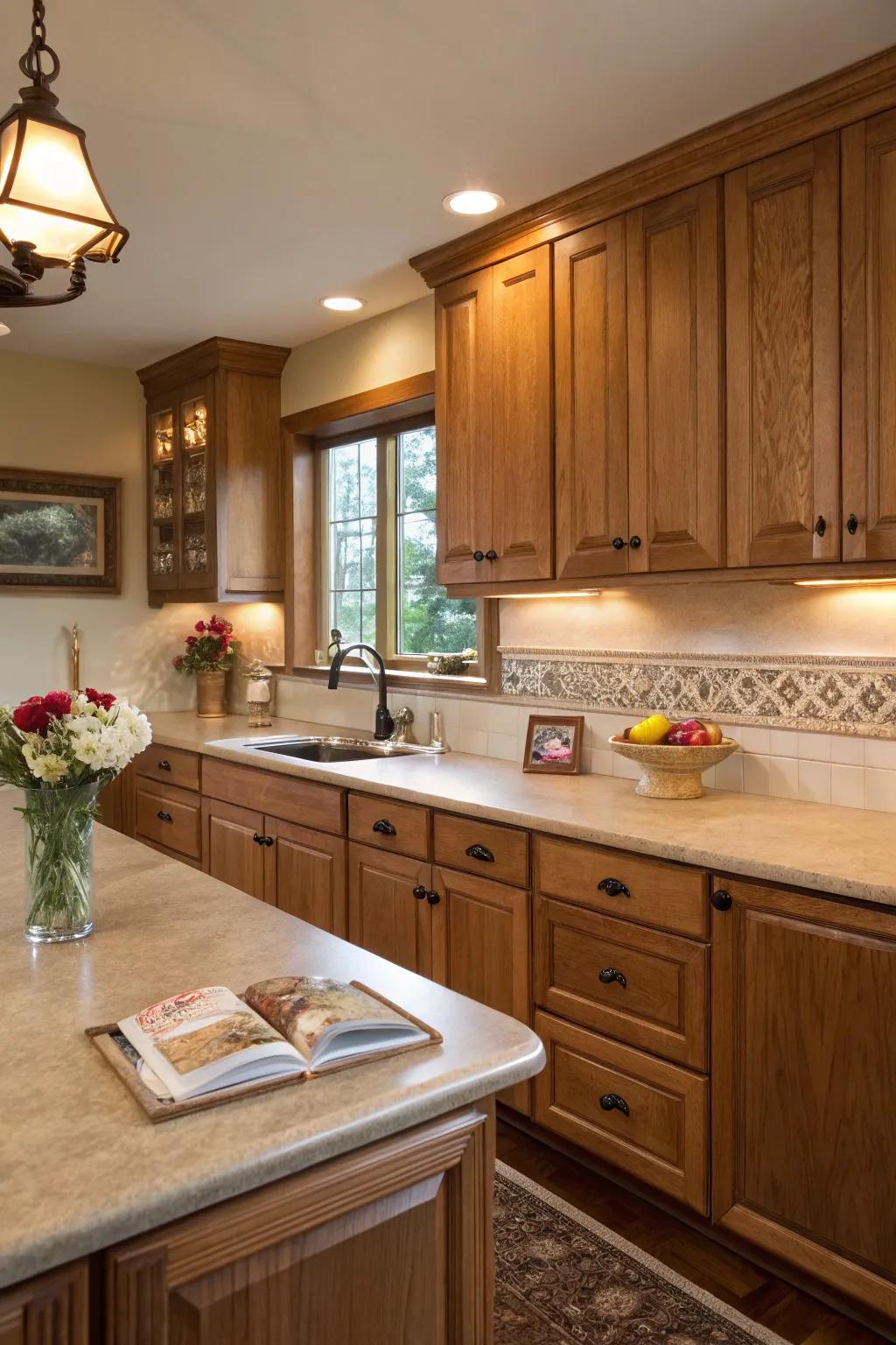Wood-style composite countertops provide comfort and charm.