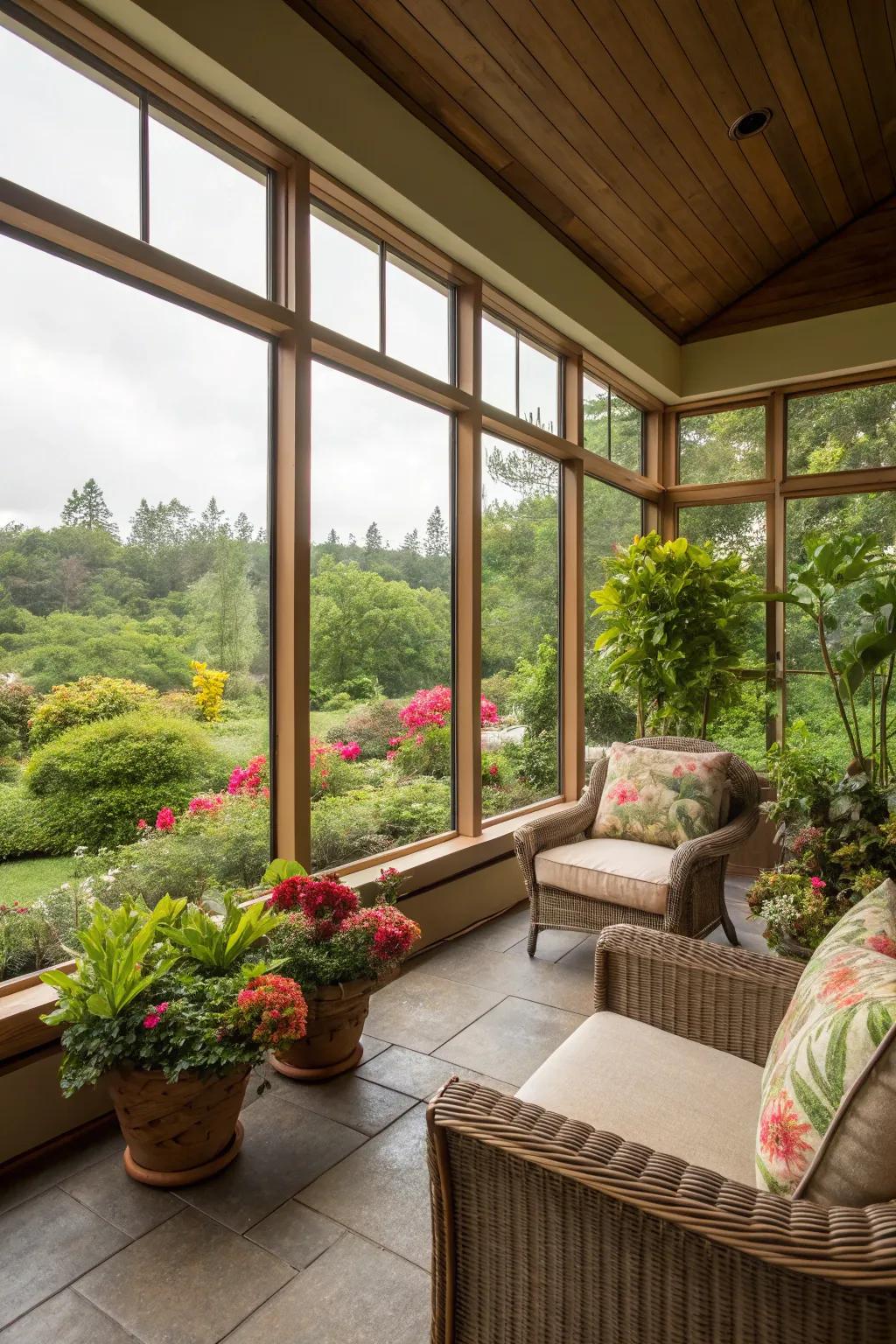 Natural light pours into this lanai, accentuating the lush greenery outside.