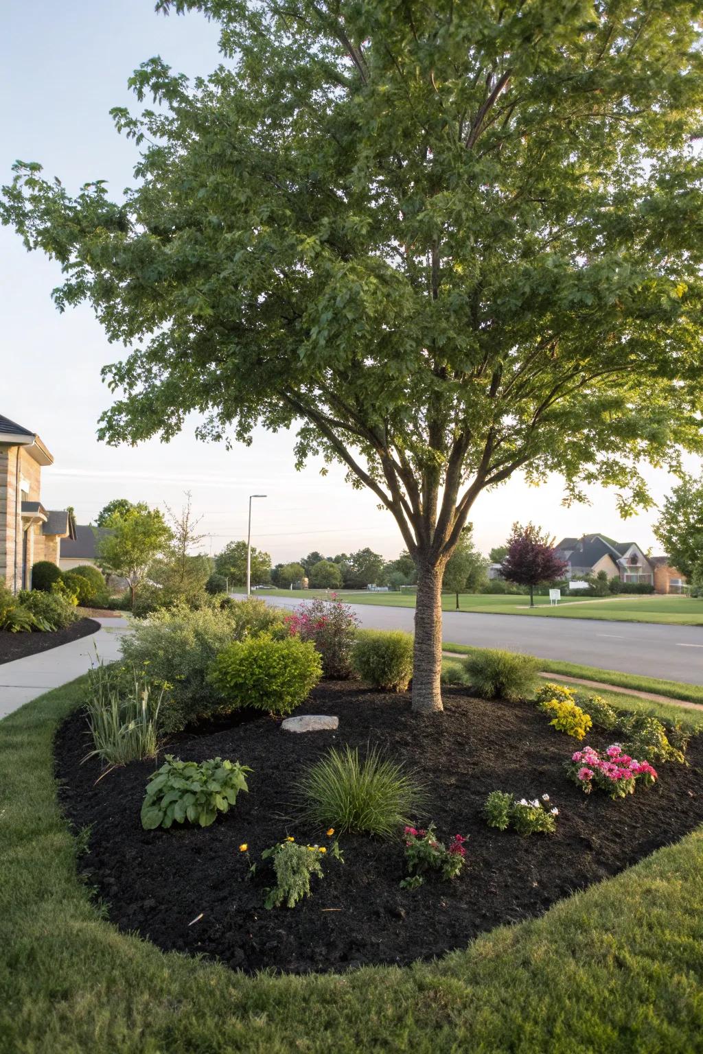 A tree with a tidy layer of chips and lush soil cover plants.