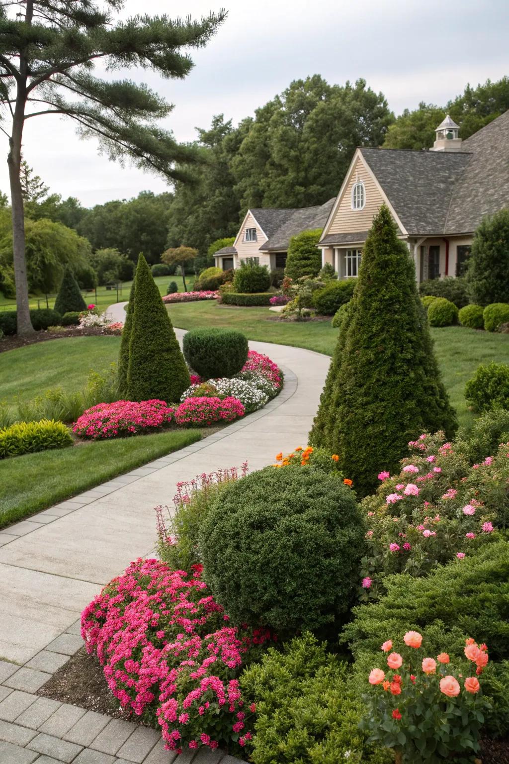 Evergreen shrubs offer continuous structure and complement the vibrant colors of surrounding flower beds.