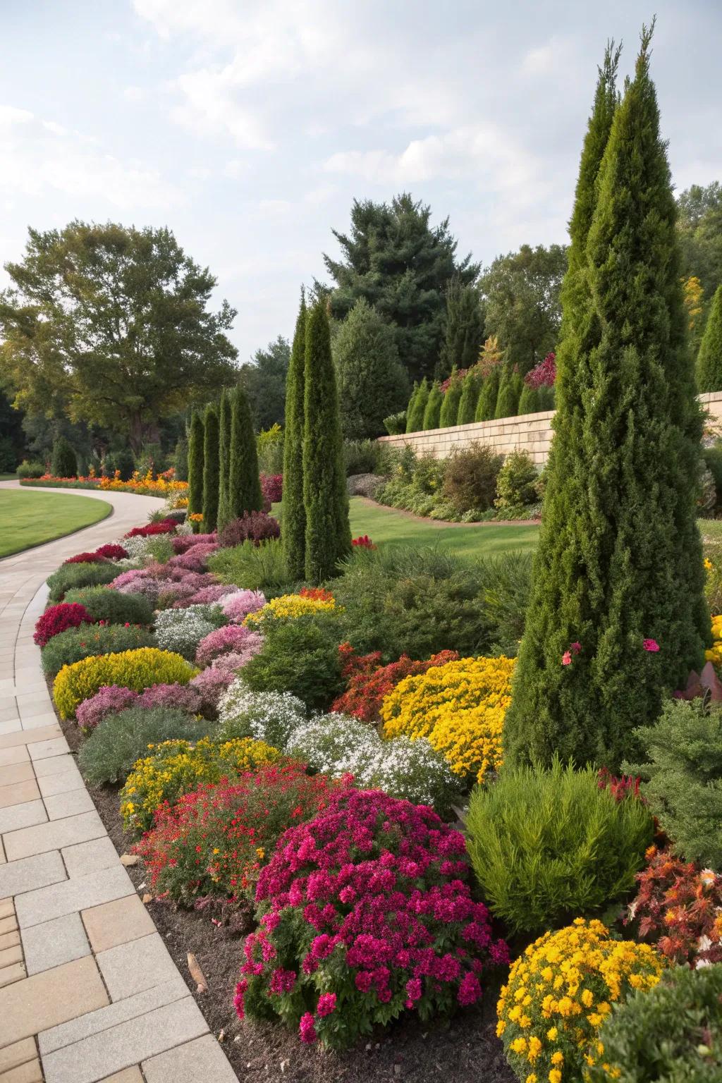 Produce a lively landscape by blending Emeralds with colorful bushes.