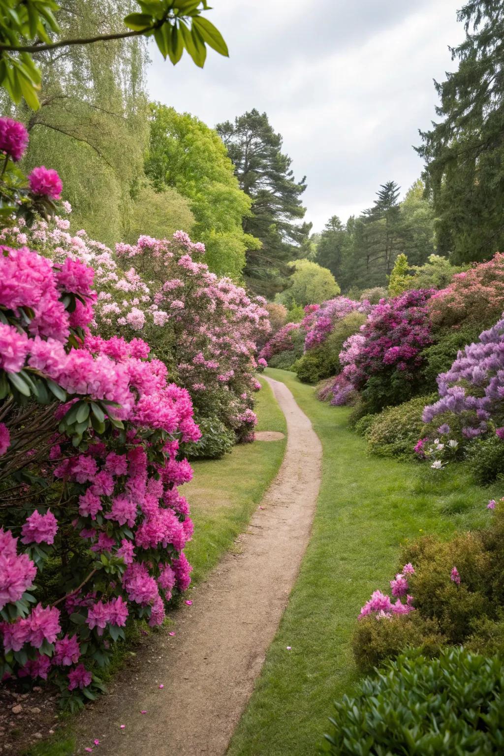 A captivating garden path ornamented with vibrant rhododendrons.