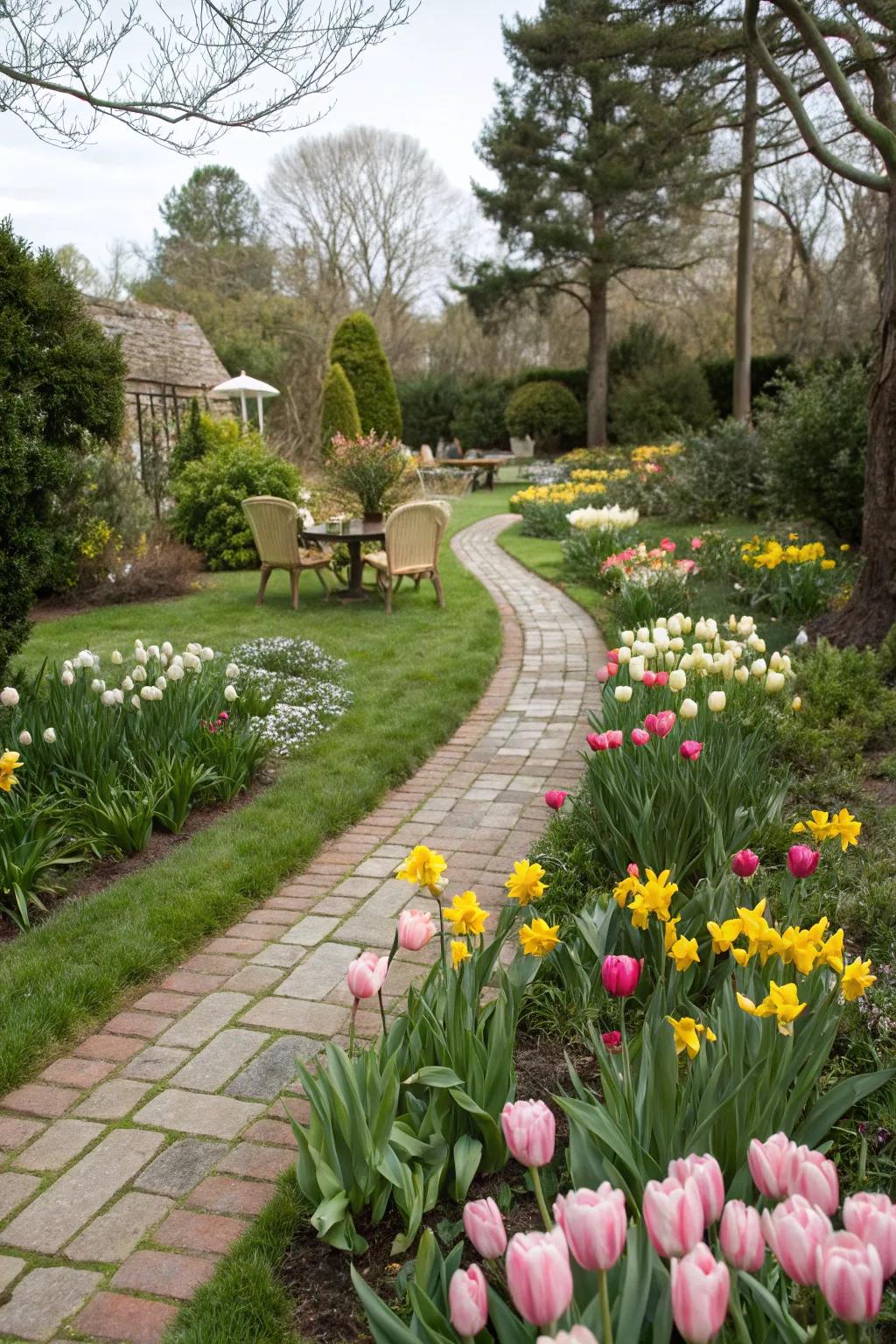 Tulips and daffodils adding structure and color to a garden walkway.