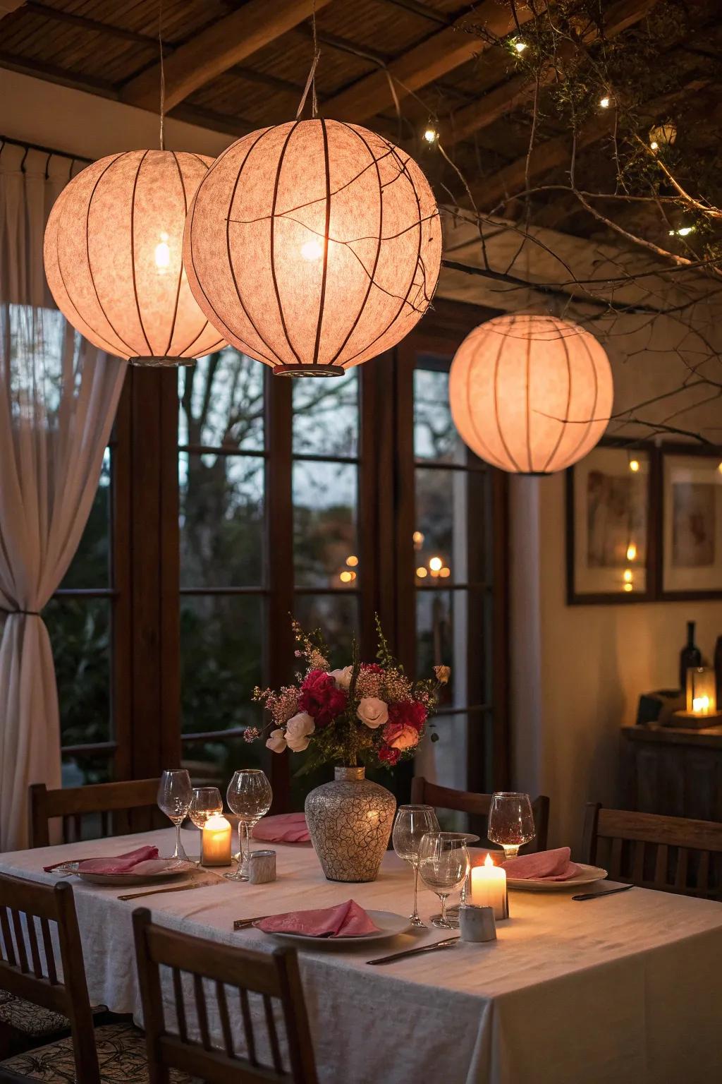 Hanging luminaries contribute to a heartfelt dining atmosphere.