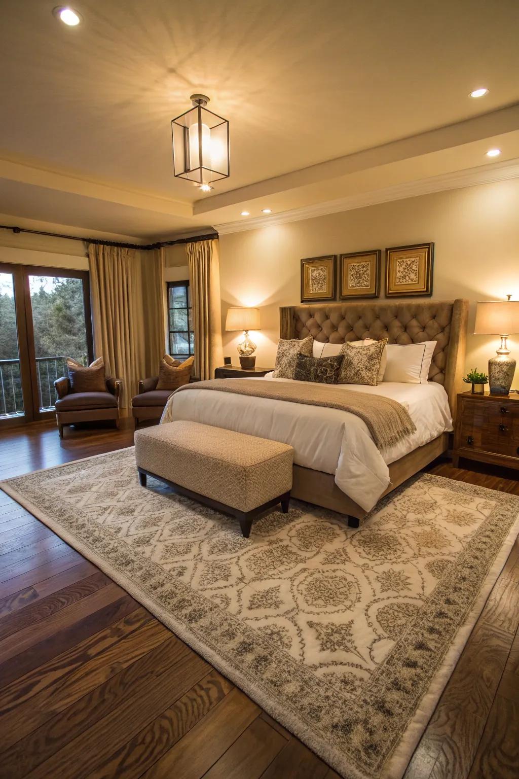 Carpets distinguish individual zones, creating coziness and style in a spacious boudoir.