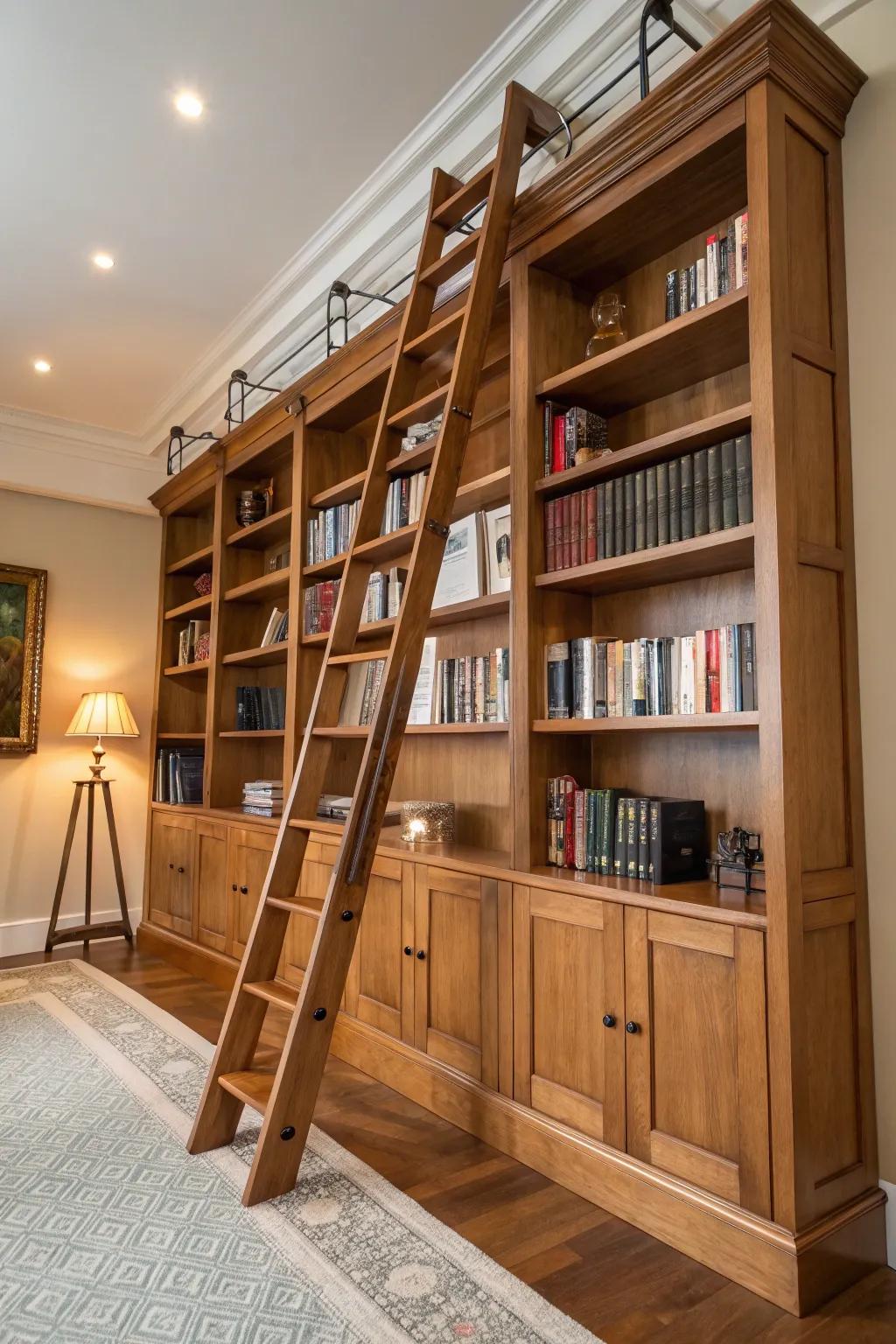 A library ladder imparts sophistication and usability to this imposing bookshelf structure.