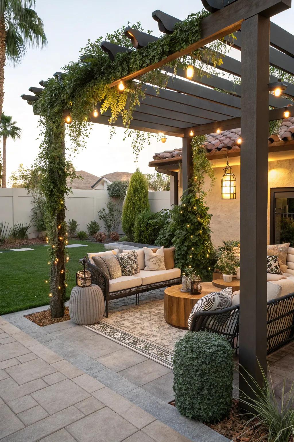 Inviting outdoor lounge beneath a shaded framework in a Las Vegas backyard.