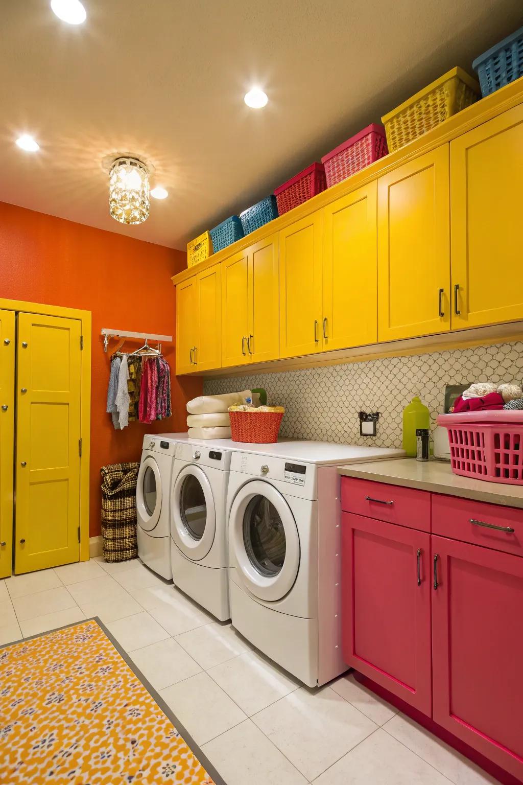Striking cabinetry can make your laundry room a cheerful space.