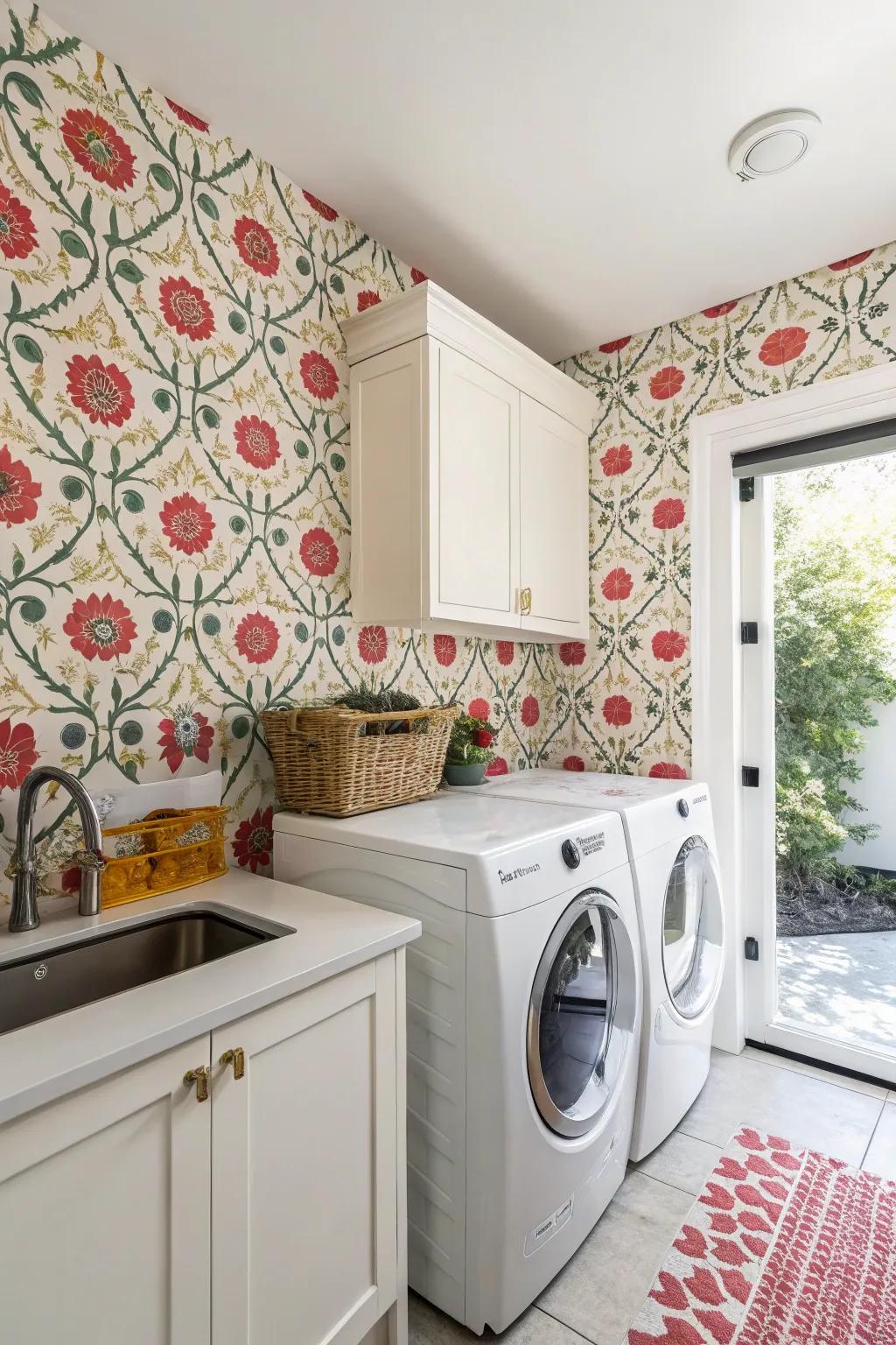 A striking accent wall transforms the appearance of the laundry area.