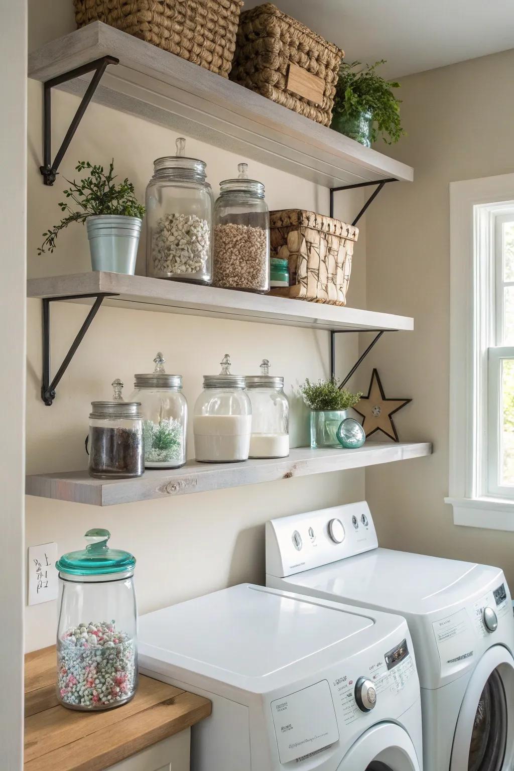 Wall-mounted ledges offer both panache and practicality.