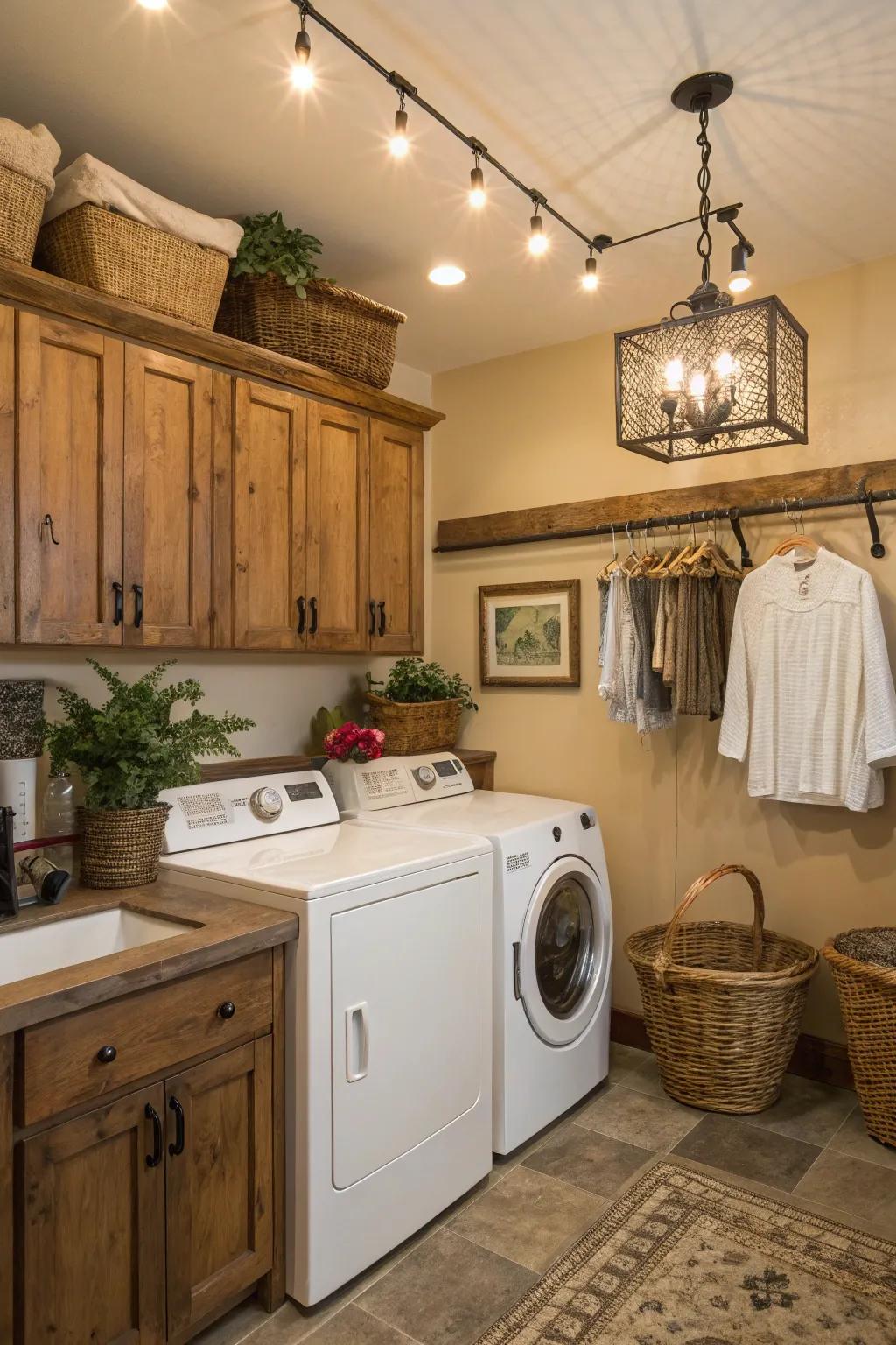 Farmhouse lighting contributes a rustic allure.