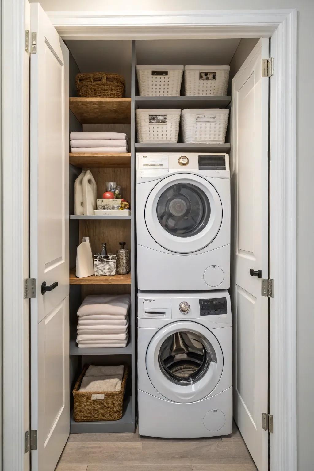 In a compact laundry room, stacked appliances save space.