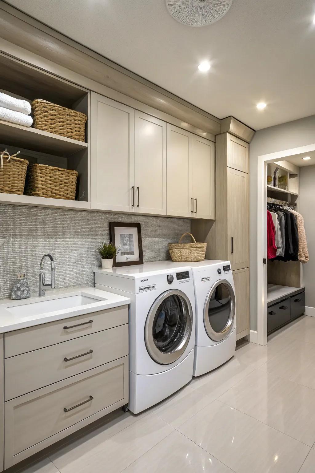 Stylish storage adds charm to your laundry zone.