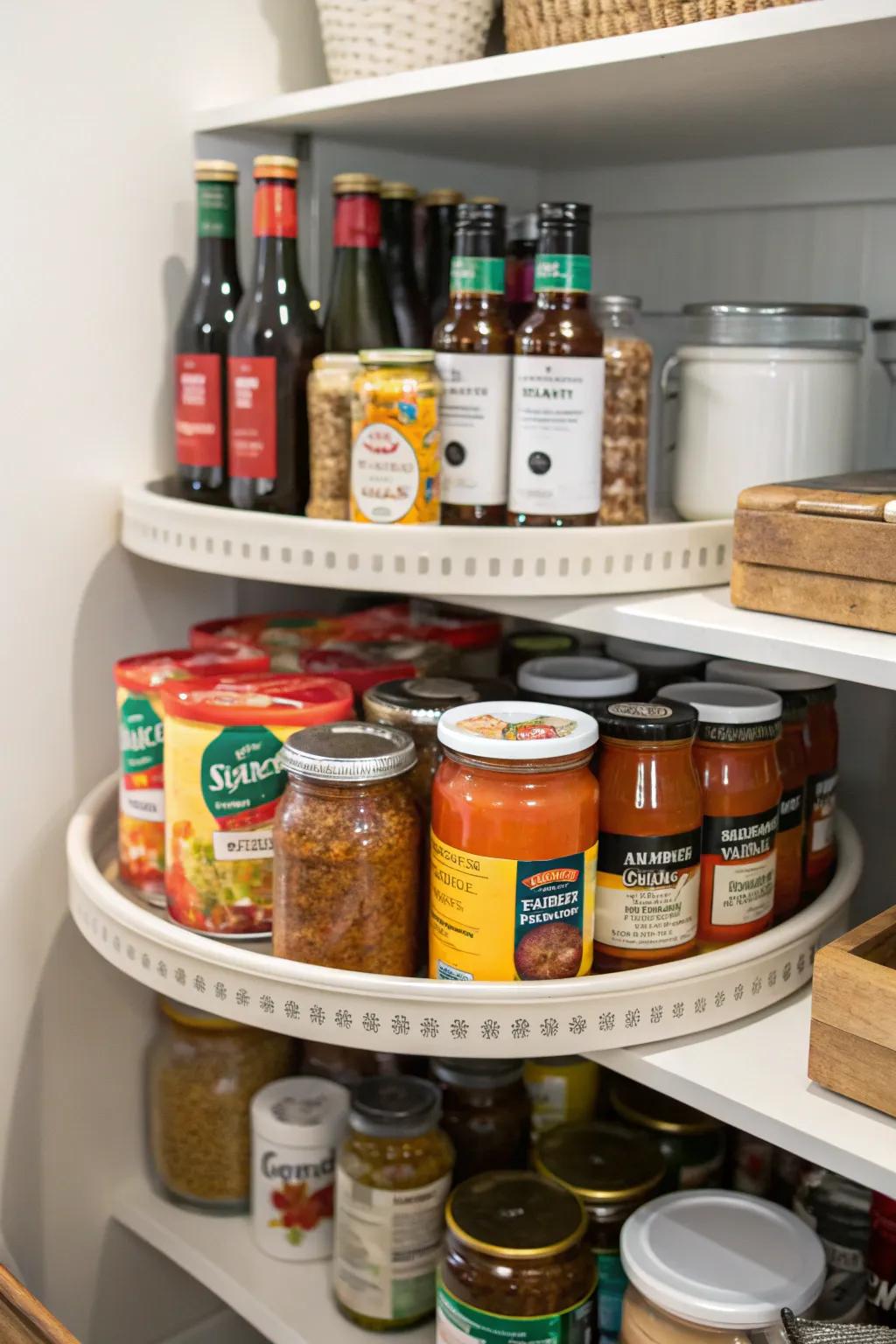 An immaculately arranged pantry showcasing a spinning organizer stocked with canned goods and condiments.