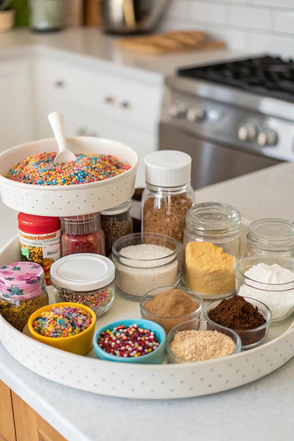 With a well-organized Lazy Susan, you can make your own baking supply station.