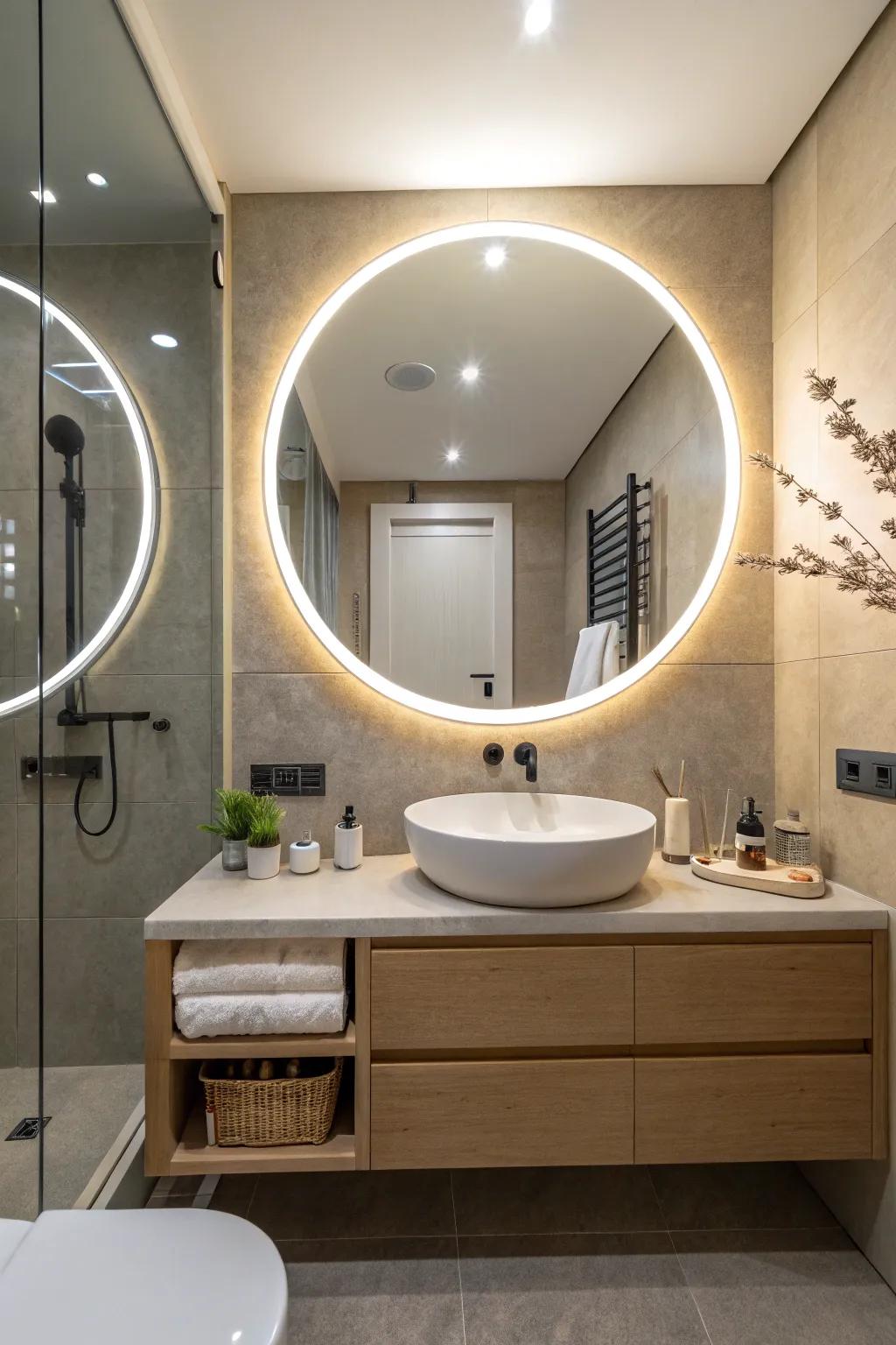 A circular illuminated mirror provides a harmonious touch to the bathroom's decor.