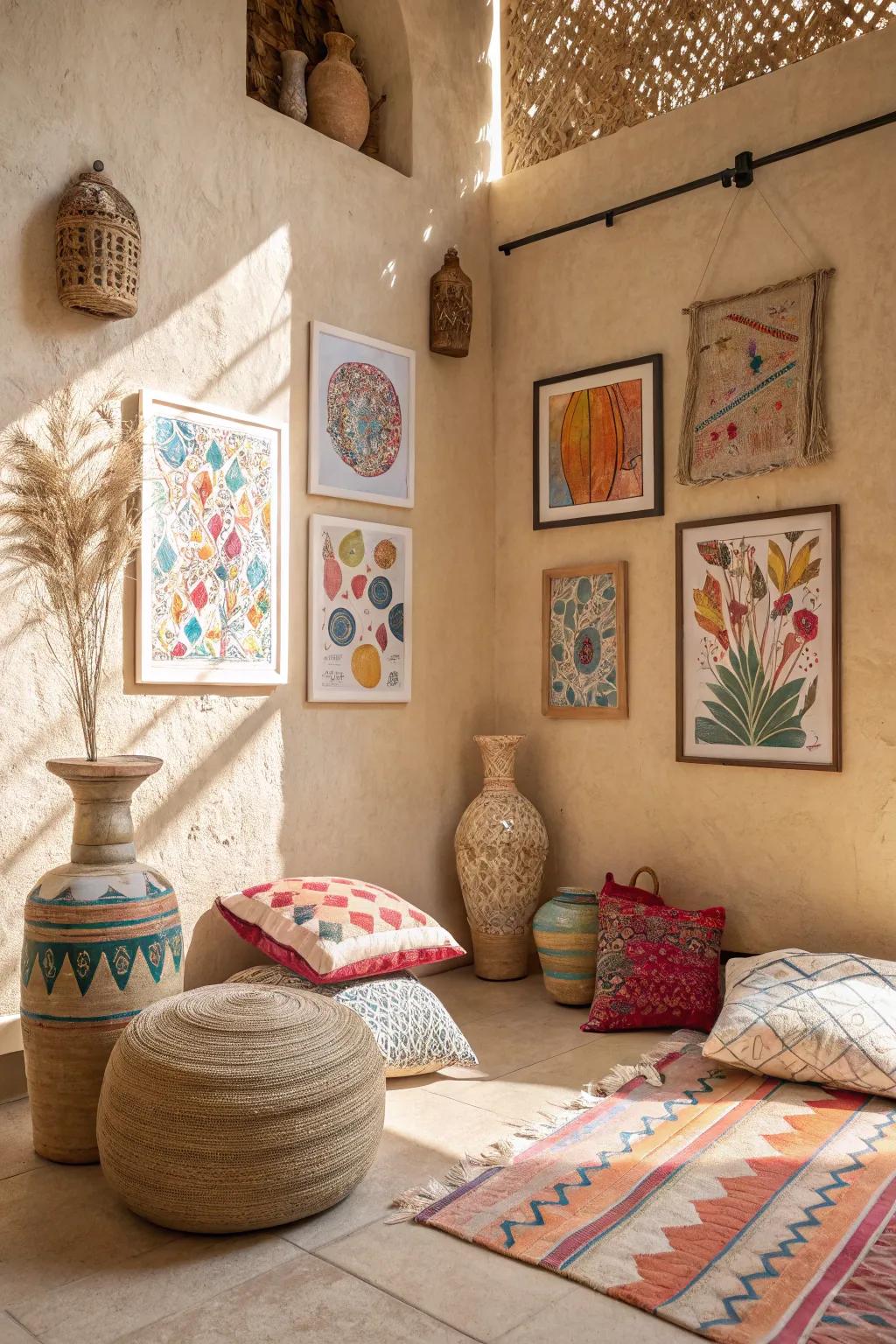 Vibrant ornamental accents infuse uniqueness into a tan space.