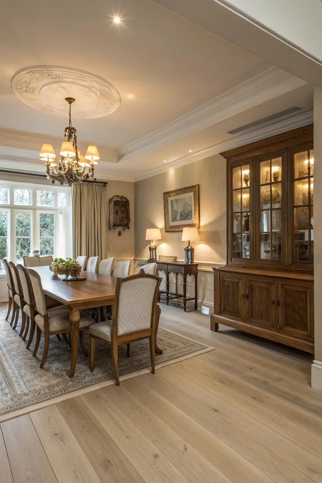 Chalky white oak flooring contributes timeless beauty to this dining area.