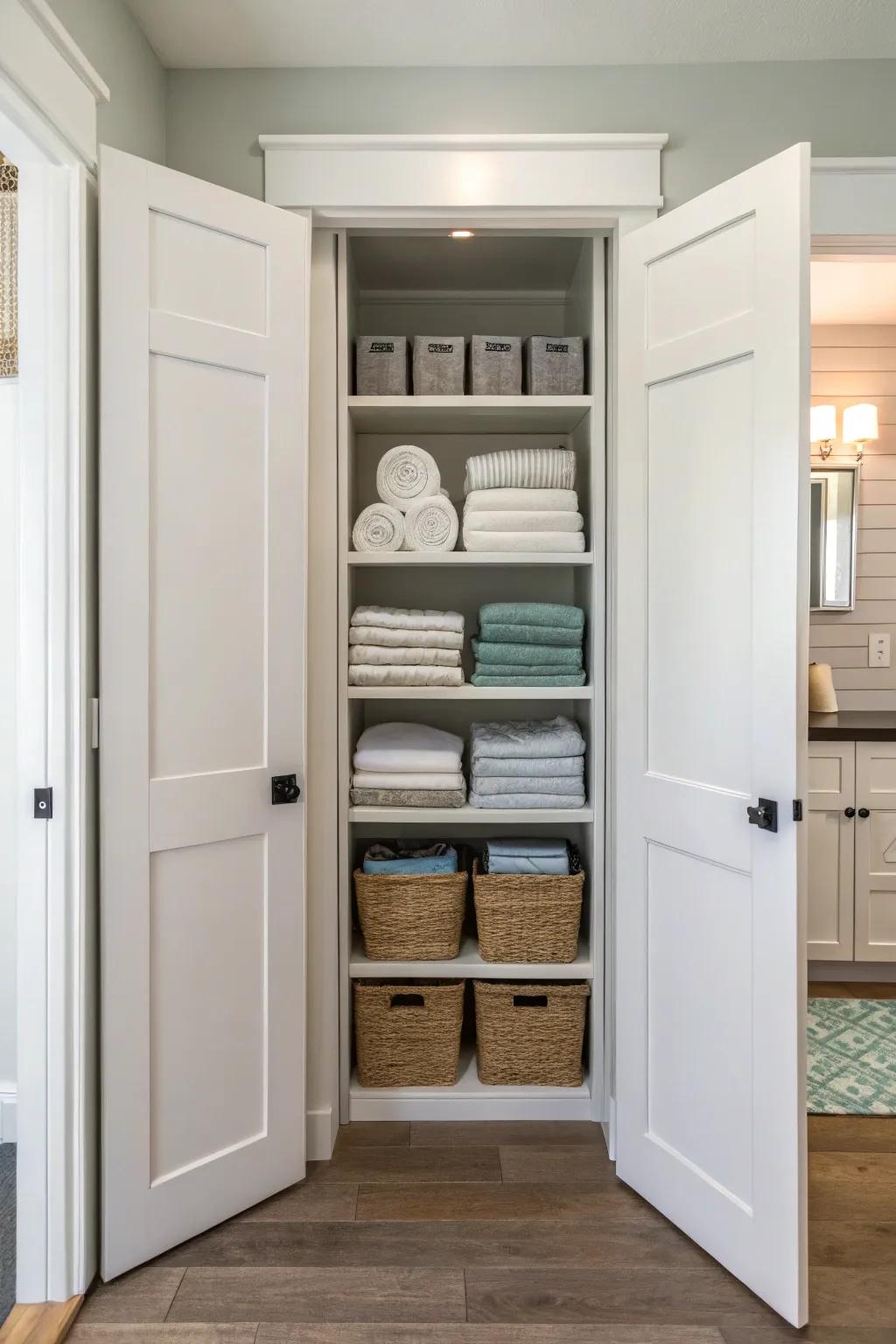 Concertina doors maximize space efficiency in a petite linen closet.