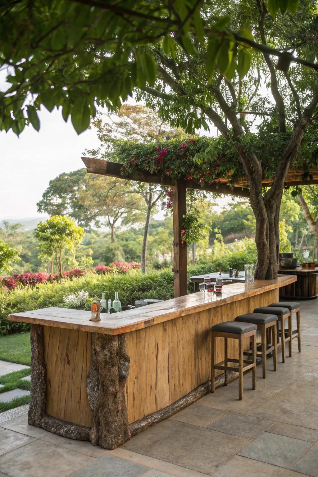 An outside natural-edge bar set against a setting of rich vegetation, ideal for gatherings.