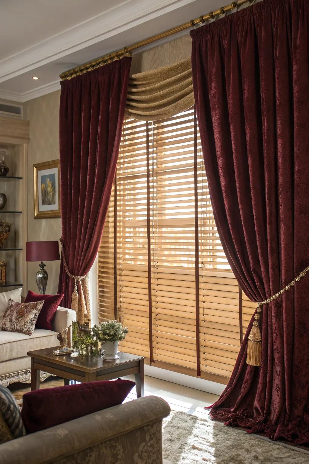 The combination of velvet drapes and timber shades gives rise to an atmosphere of sheer indulgence.