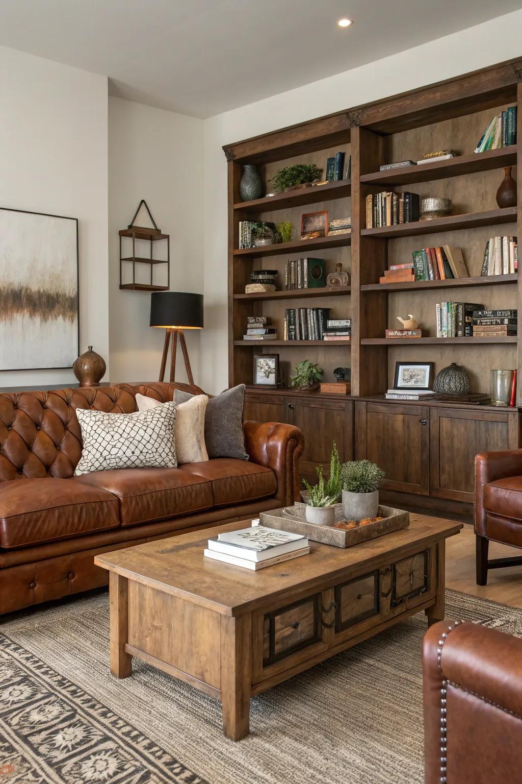 Wooden aspects blend with the leather for an organic visual.