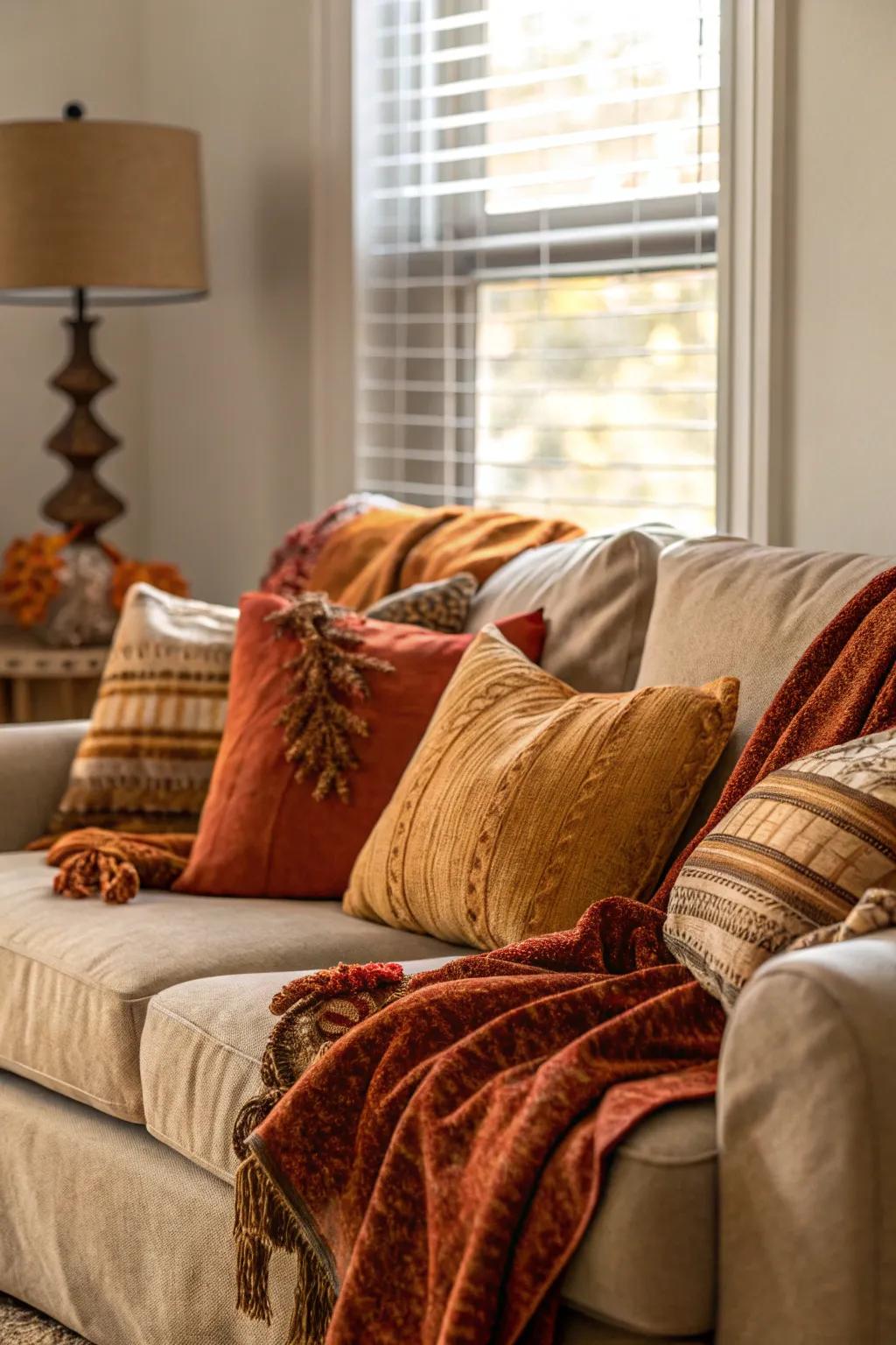 Sumptuous throws and cushions create a haven of warmth and comfort in this autumn-inspired living room.