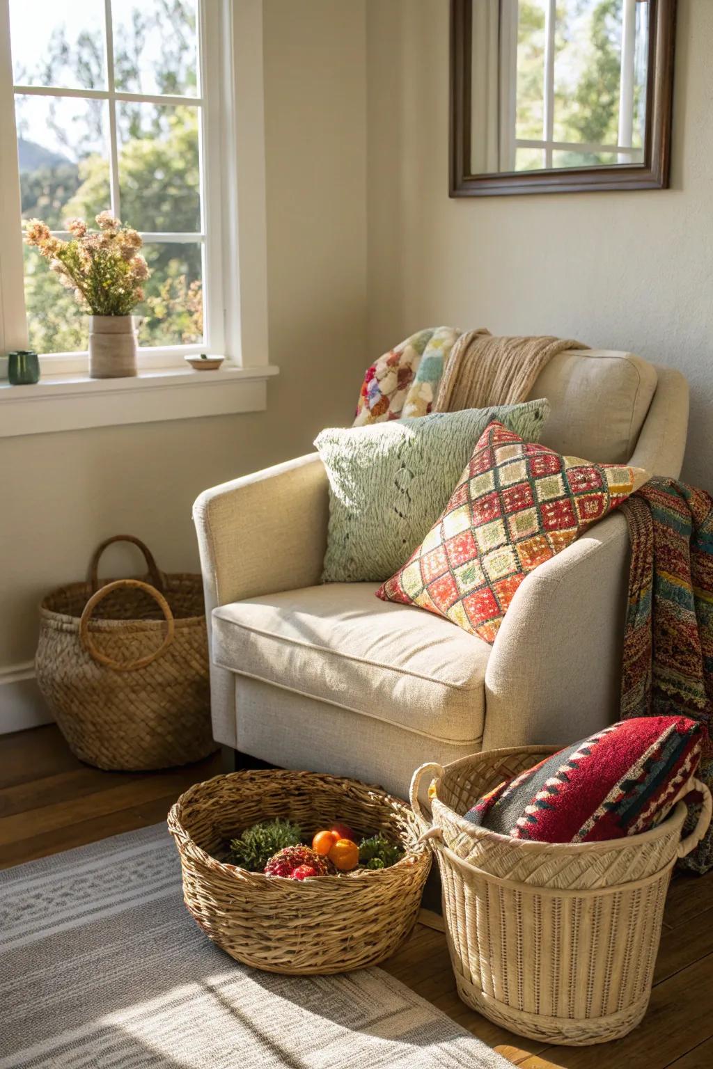 Woven textures add warmth and functionality to the decor.