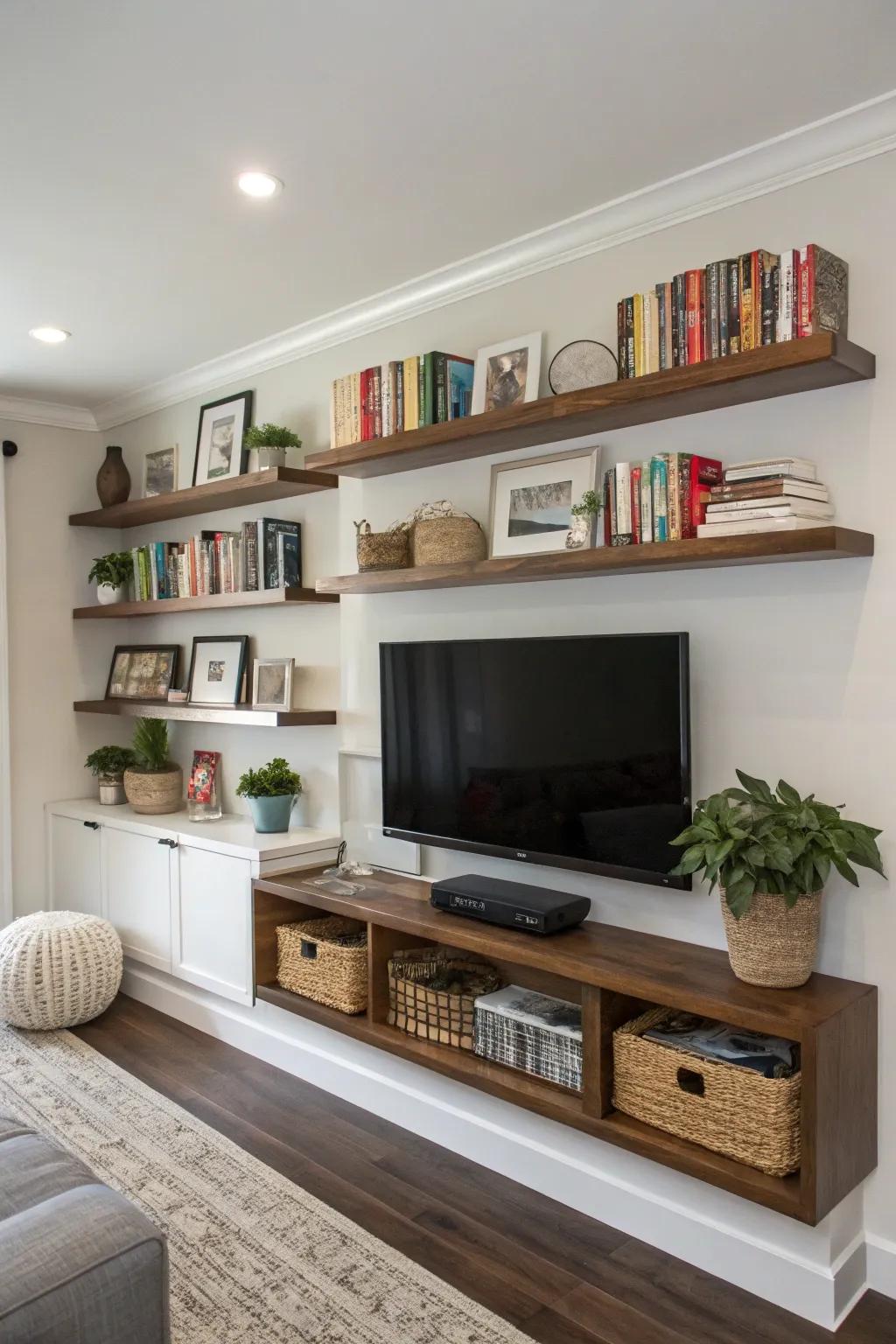 Enclose your television utilizing floating shelves for an equilibrium-centered visual.